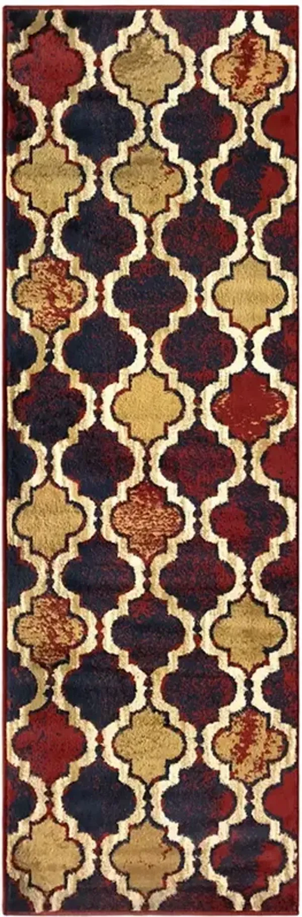 8' Quatrefoil Power Loom Distressed Stain Resistant Runner Rug - Red Blue