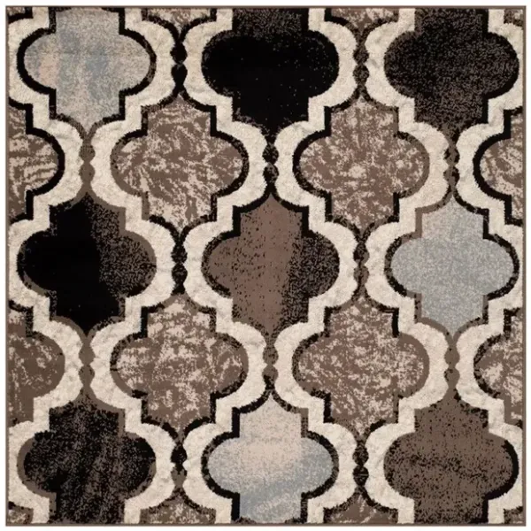 5' Square Quatrefoil Power Loom Distressed Stain Resistant Area Rug - Ivory