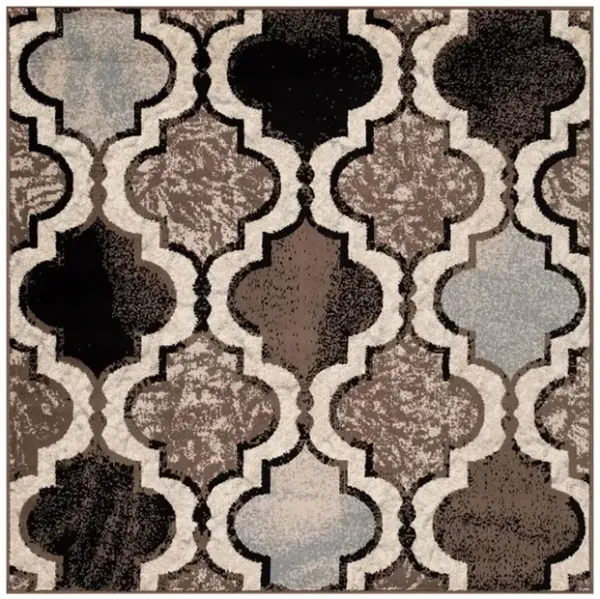 8' Square Quatrefoil Power Loom Distressed Stain Resistant Area Rug - Ivory