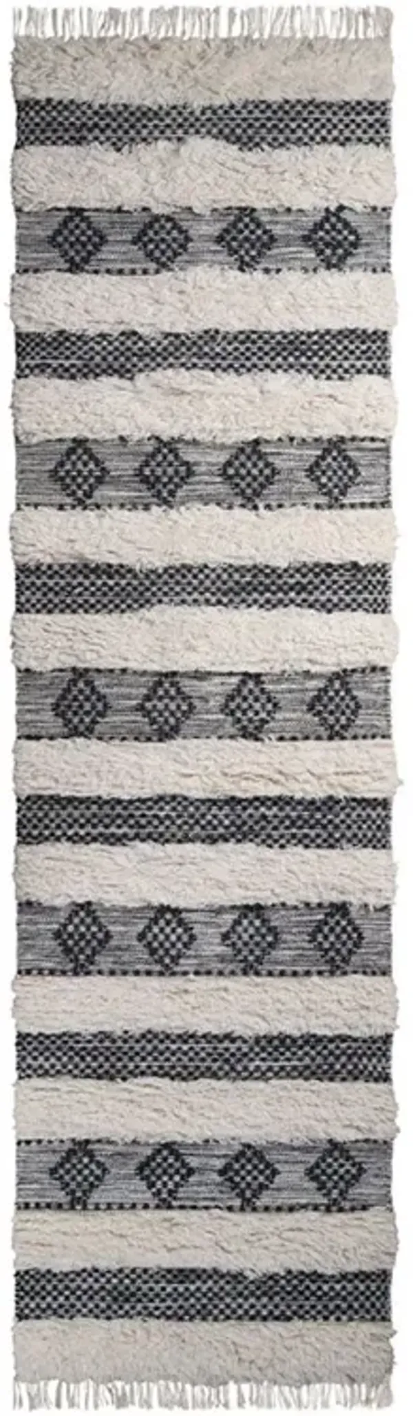 10' Wool Striped Flatweave Handmade Stain Resistant Runner Rug With Fringe - Black And Ivory