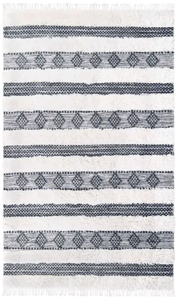 4' x 6' Wool Striped Flatweave Handmade Stain Resistant Area Rug With Fringe - Black And Ivory