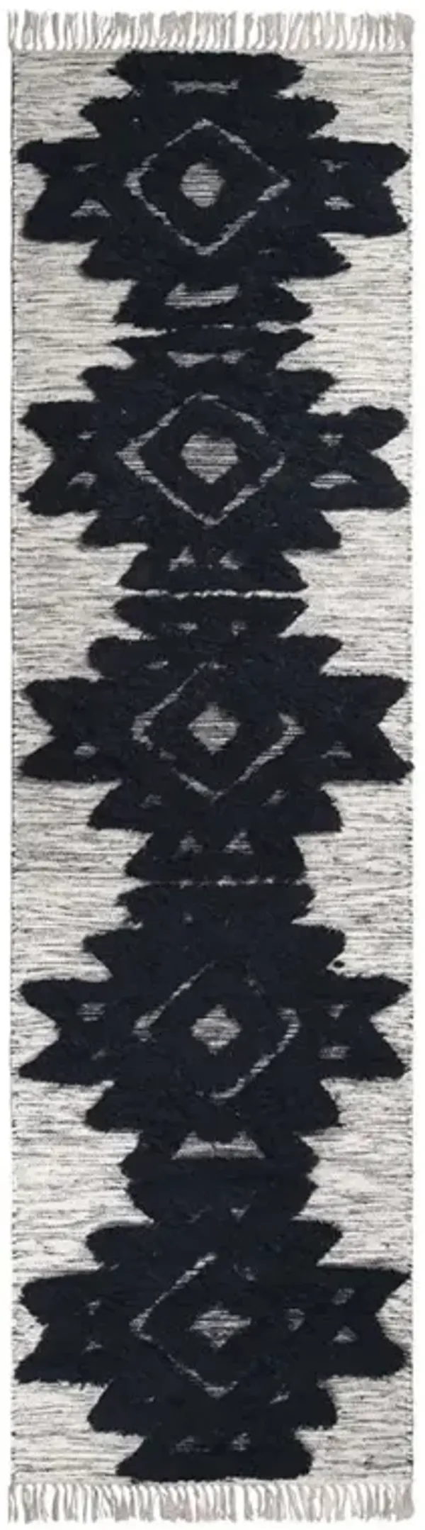 10' Wool Geometric Flatweave Handmade Stain Resistant Runner Rug With Fringe - Black And Ivory