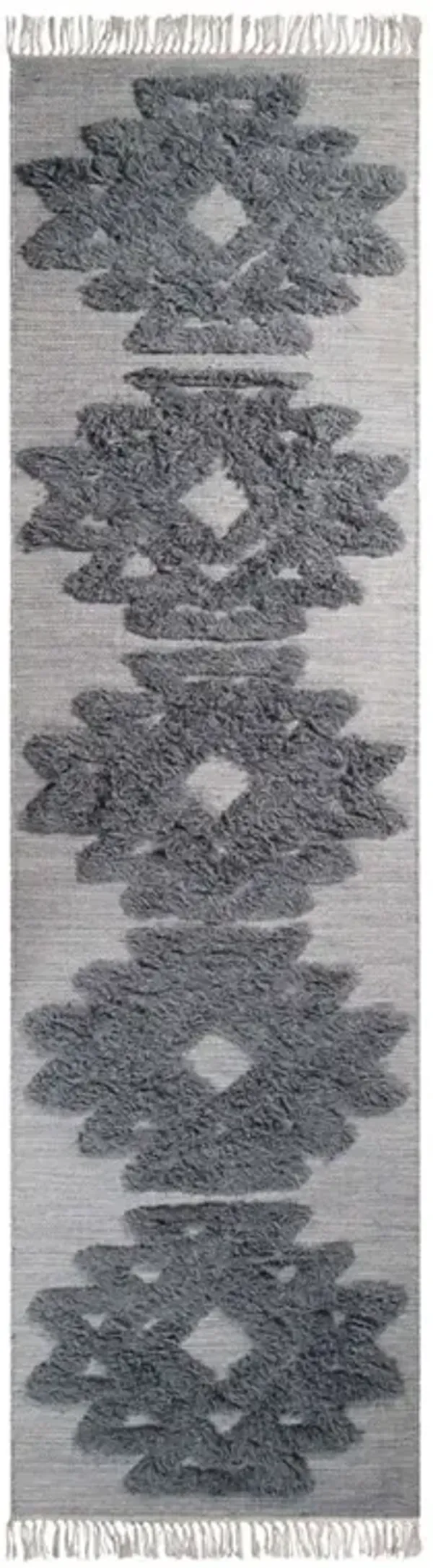 10' Wool Geometric Flatweave Handmade Stain Resistant Runner Rug With Fringe - Silver And Gray