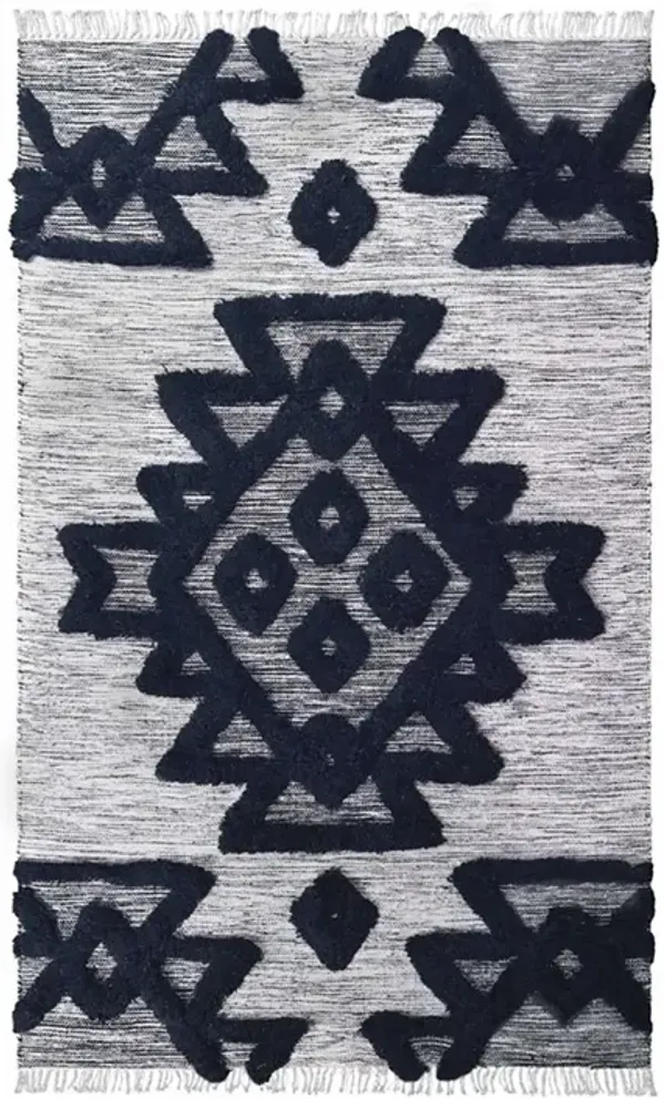 4' x 6' Wool Geometric Flatweave Handmade Stain Resistant Area Rug With Fringe - Black And Ivory
