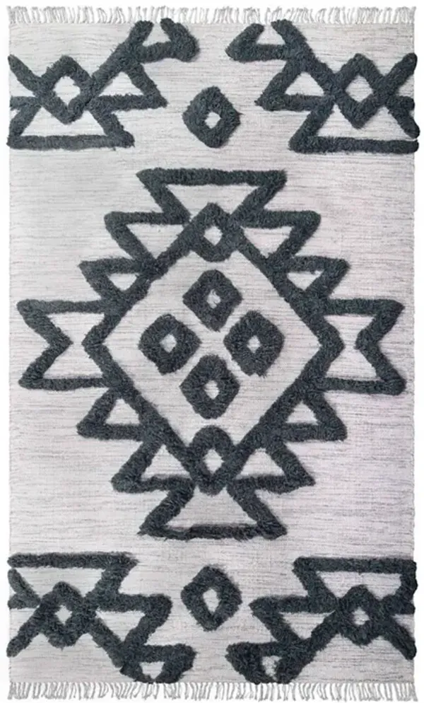 4' x 6' Wool Geometric Flatweave Handmade Stain Resistant Area Rug With Fringe - Ivory And Charcoal