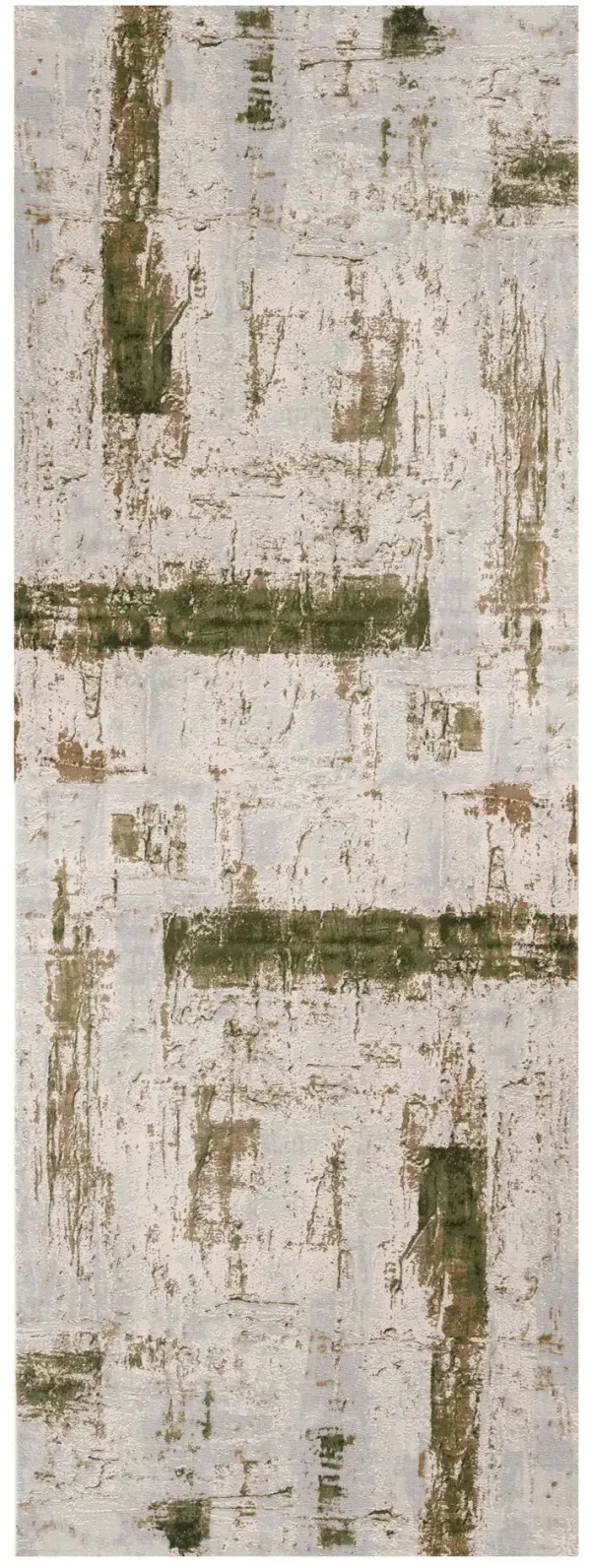 10' Abstract Power Loom Distressed Runner Rug - Green And Ivory
