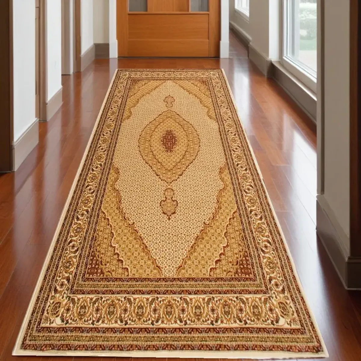 20' Runner Oriental Power Loom Runner Rug - Ivory And Beige