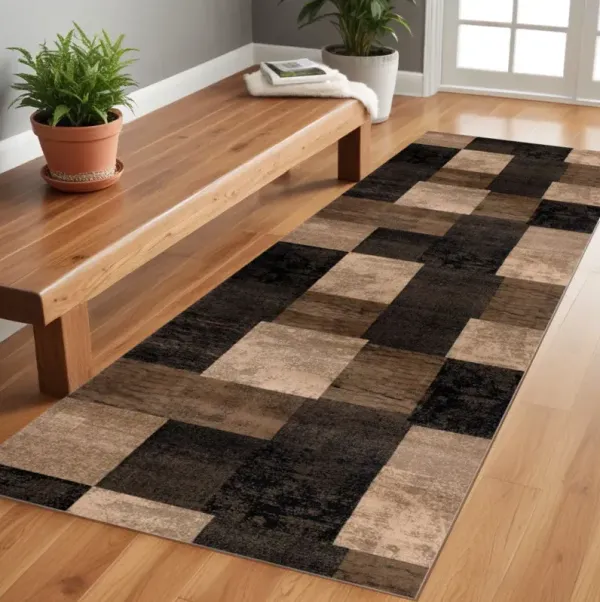 8' Geometric Power Loom Runner Rug - Brown Black And Tan