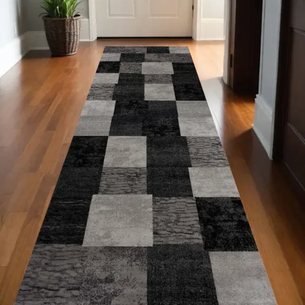 20' Geometric Power Loom Distressed Runner Rug - Gray And Black