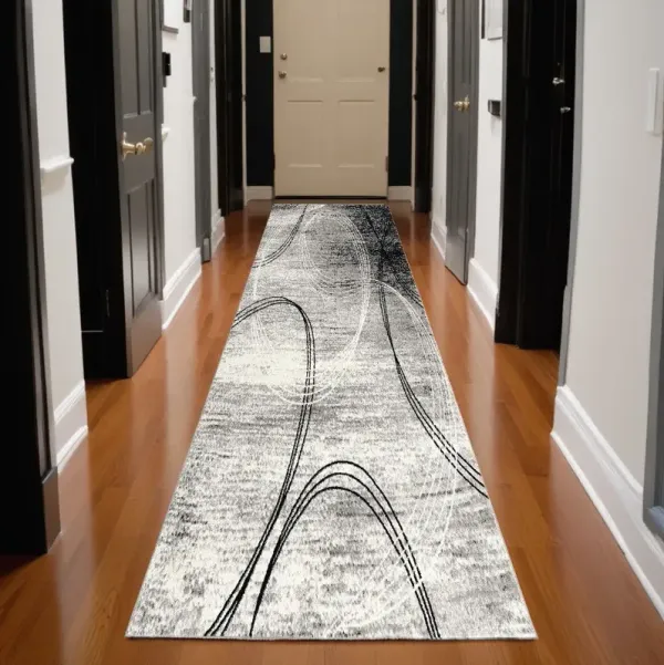 3' x 10' Abstract Power Loom Stain Resistant Area Rug - Gray