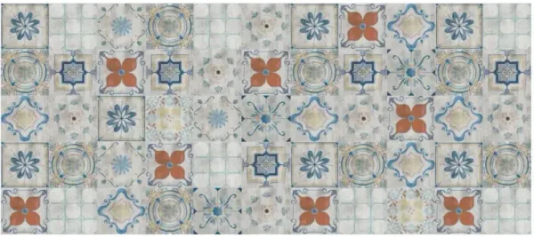 2' x 4' Mosaic Tile Printed Vinyl Area Rug With UV Protection - Gray Blue And Rust