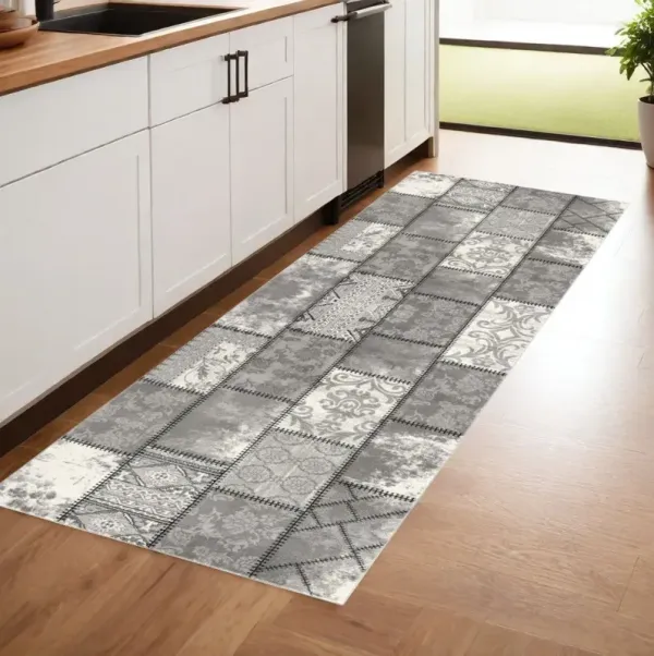13' Geometric Washable Non Skid Runner Rug - Gray And Ivory