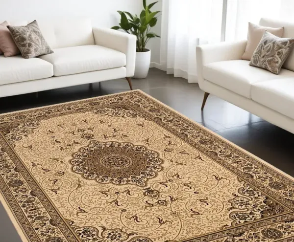 7' x 10' Oriental Power Loom Area Rug - Beige And Black