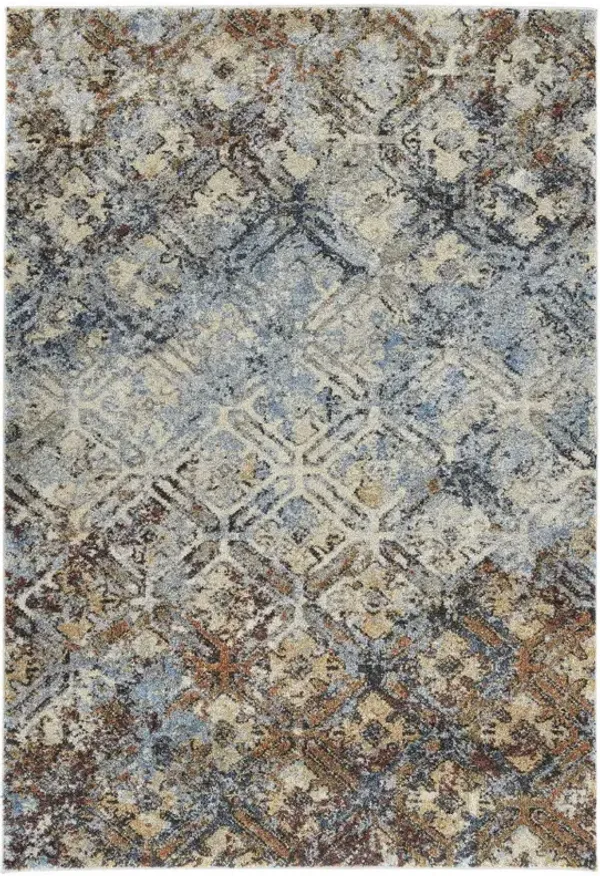 5' x 8' Distressed Diamond Area Rug - Brown Light Blue And Gray