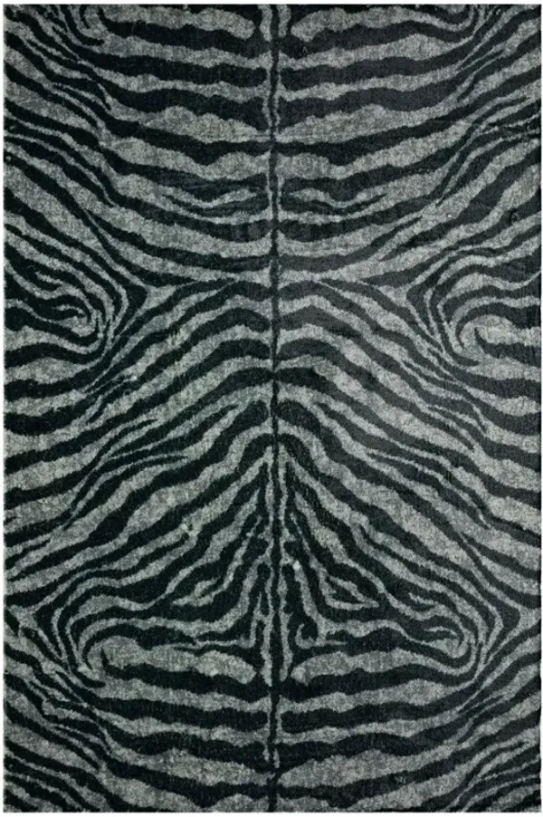 8' x 10' Zebra Print Shag Handmade Non Skid Area Rug - Black And Gray