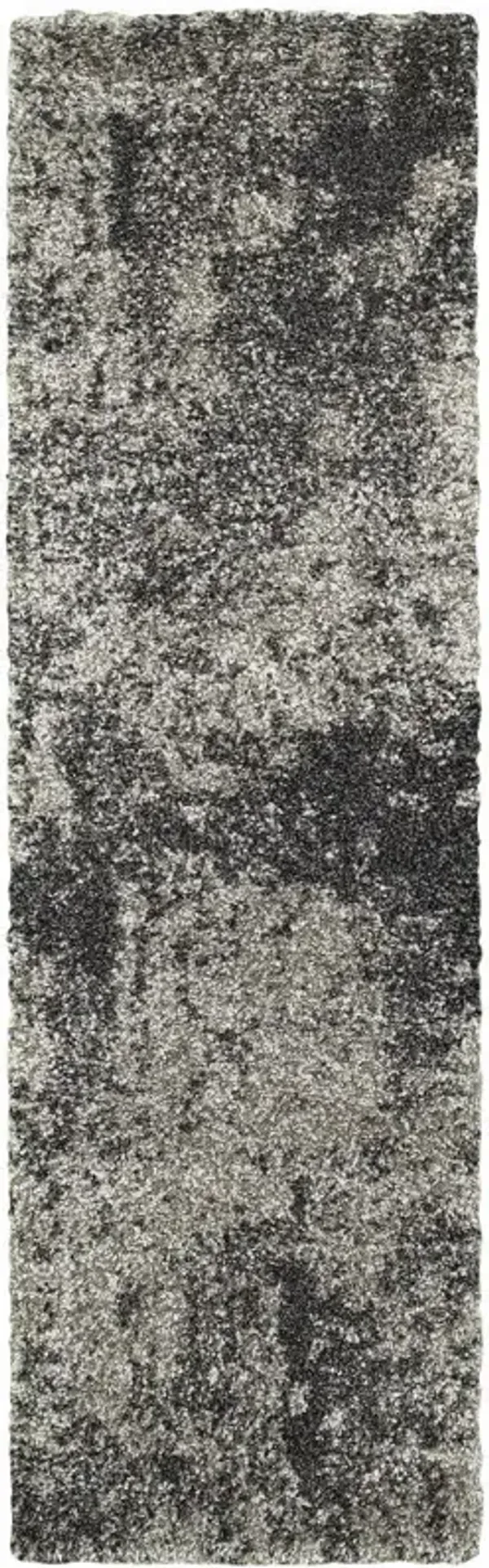 2' x 8' Abstract Shag Power Loom Stain Resistant Runner Rug - Charcoal Silver And Gray