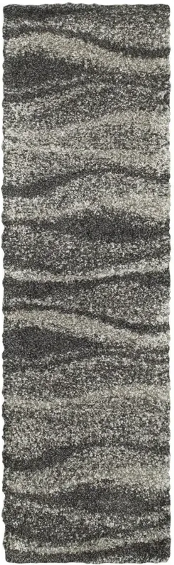8' Abstract Shag Power Loom Runner Rug - Black And Gray