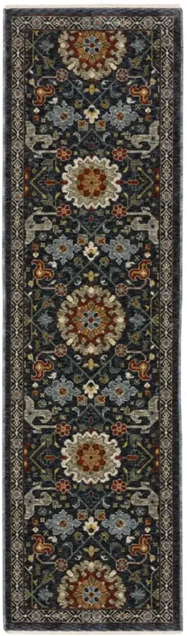 2' x 8' Oriental Power Loom Runner Rug With Fringe - Blue And Ivory