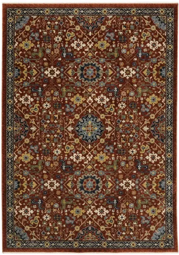 5' x 8' Oriental Power Loom Stain Resistant Area Rug With Fringe - Red Blue Gold And Ivory