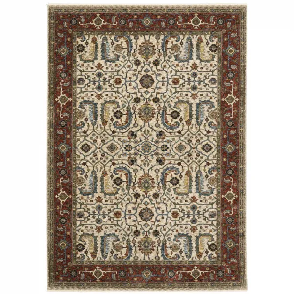 5' x 8' Oriental Power Loom Stain Resistant Area Rug With Fringe - Ivory Red Green Gray Blue And Navy
