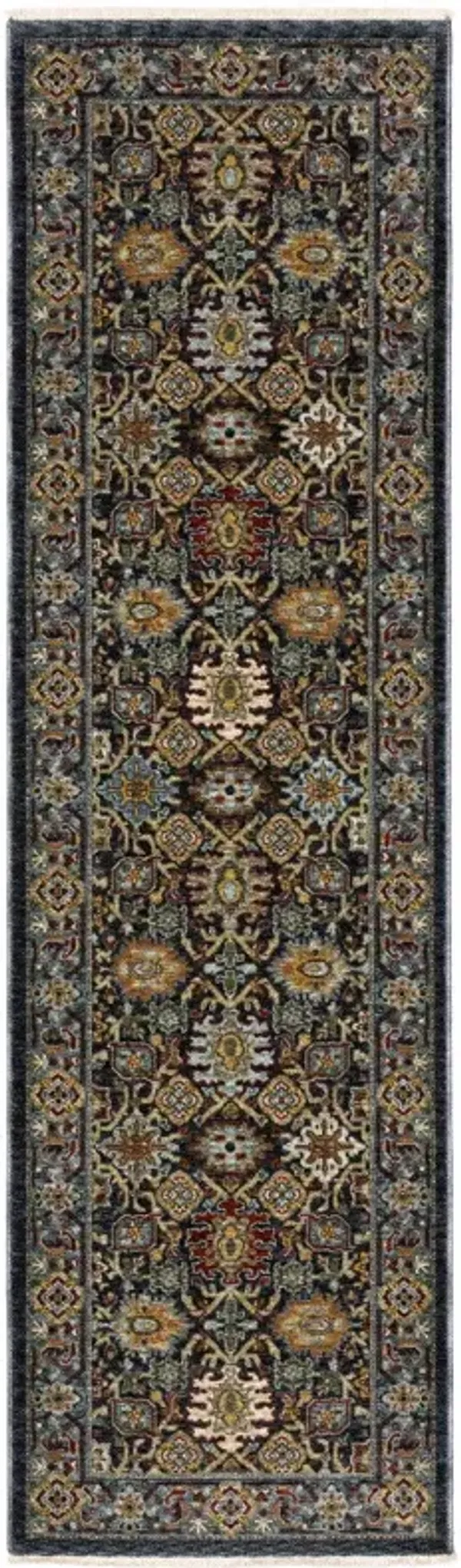 2' x 8' Oriental Power Loom Runner Rug With Fringe - Blue And Beige
