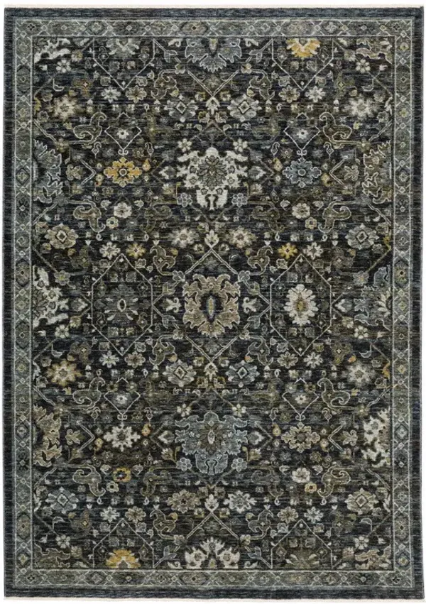 5' x 8' Oriental Power Loom Stain Resistant Area Rug With Fringe - Blue Ivory Gray Gold Green And Brown