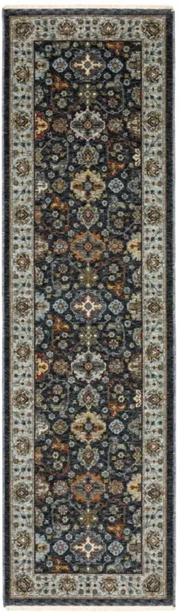 2.2' x 7.7' Oriental Power Loom Runner Rug With Fringe - Blue And Beige
