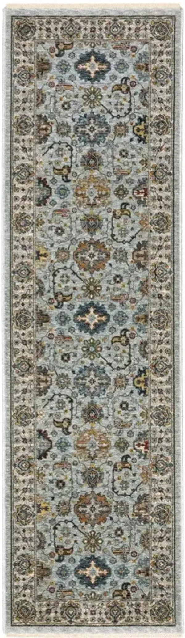 8' Oriental Power Loom Runner Rug With Fringe - Blue And Ivory