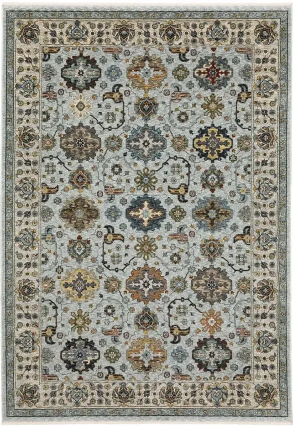 5' x 8' Oriental Power Loom Stain Resistant Area Rug With Fringe - Blue Beige Gray Green Yellow And Rust