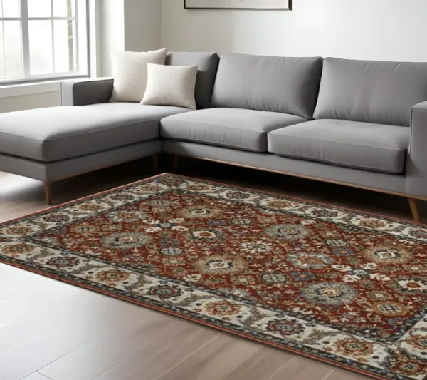 7' x 10' Oriental Power Loom Area Rug With Fringe - Blue And Red