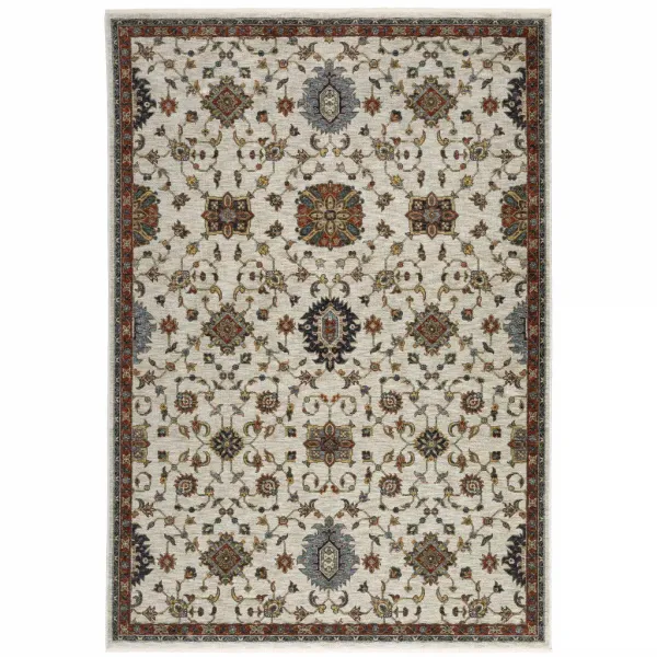2' x 3' Of Blue Oriental Power Loom Stain Resistant Area Rug With Fringe - Ivory Gray Rust Red Gold And Shades