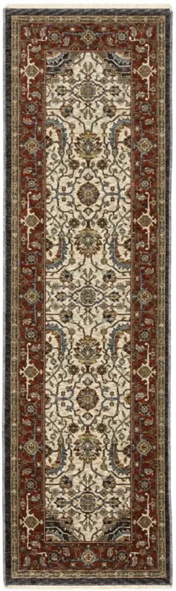 2' x 8' Oriental Power Loom Stain Resistant Runner Rug With Fringe - Ivory Beige Red Blue Gold Green And Navy