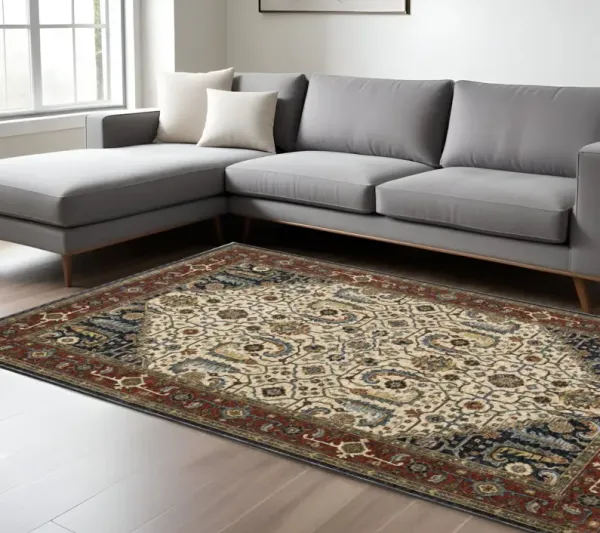 7' x 10' Oriental Power Loom Area Rug With Fringe - Beige And Ivory