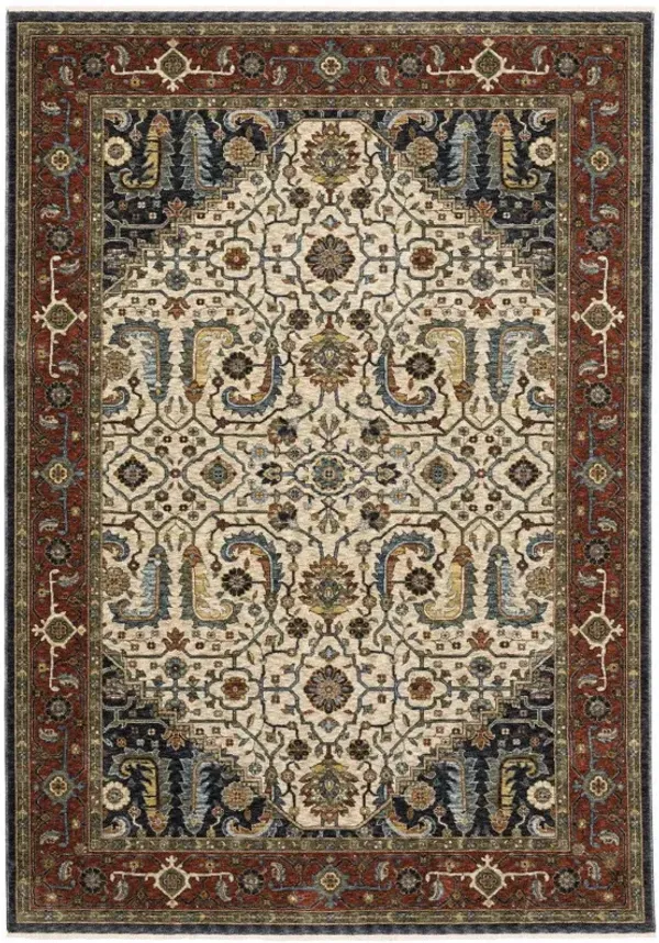 10' x 13' Oriental Power Loom Stain Resistant Area Rug With Fringe - Ivory Beige Red Blue Gold Green And Navy