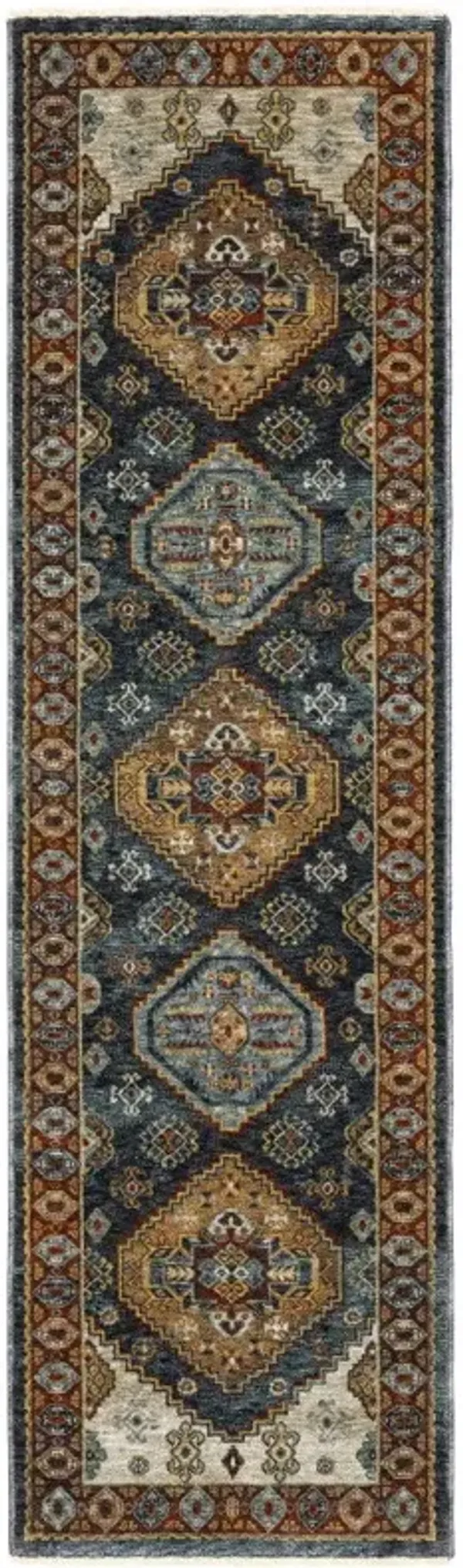 2' x 8' Oriental Power Loom Runner Rug With Fringe - Beige And Blue