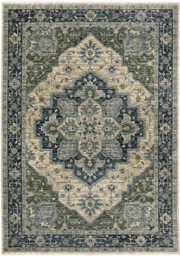 10' x 13' Oriental Power Loom Stain Resistant Area Rug With Fringe - Blue Gray Beige Tan Green And Gold