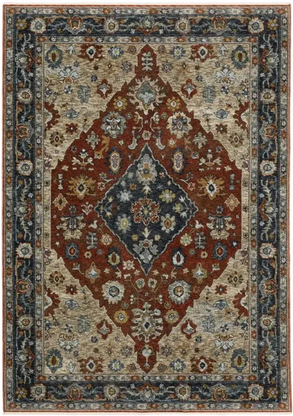 10' x 13' Oriental Power Loom Stain Resistant Area Rug With Fringe - Blue Beige Tan Brown Gold And Rust Red