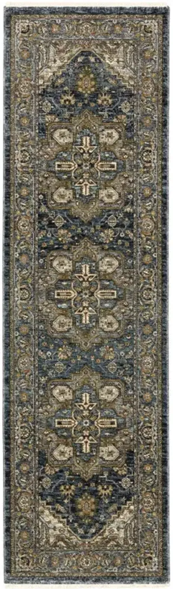 8' Oriental Power Loom Runner Rug - Blue And Green