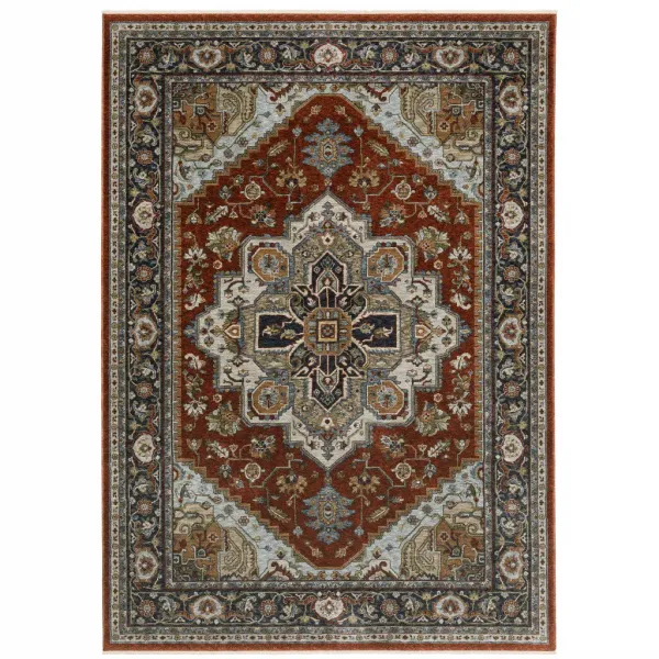 2' x 3' Oriental Power Loom Stain Resistant Area Rug With Fringe - Blue Beige Gray Gold Green And Rust Red