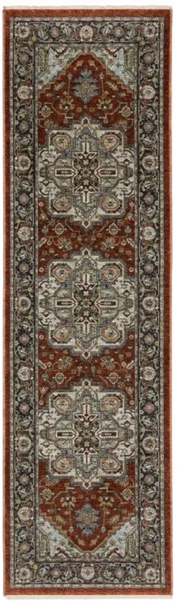 2' x 8' Oriental Power Loom Stain Resistant Runner Rug With Fringe - Blue Beige Gray Gold Green And Rust Red