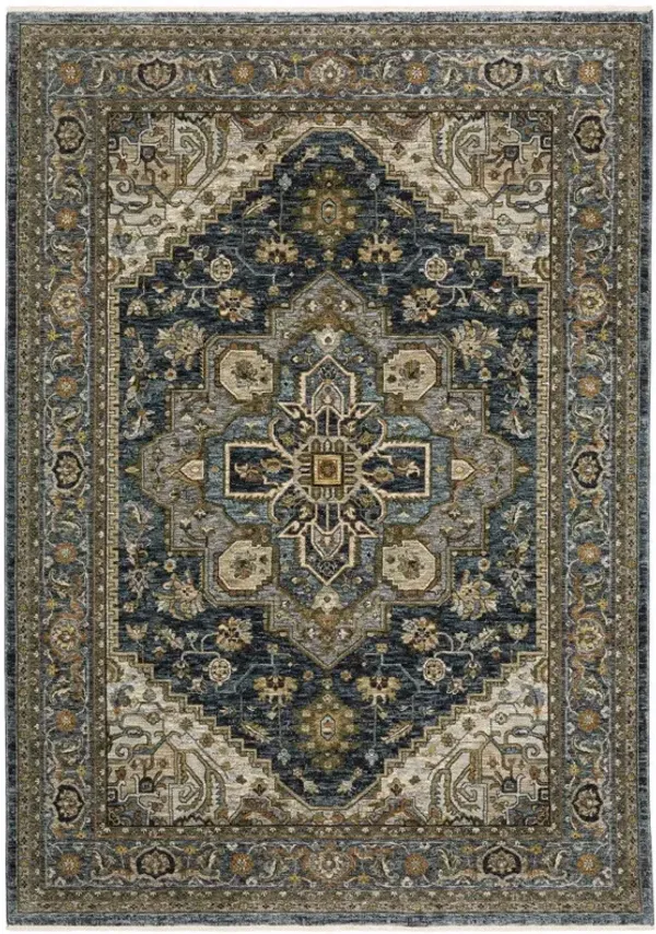 10' x 13' Oriental Power Loom Stain Resistant Area Rug With Fringe - Blue Taupe Gray Green Rust Tan Beige And Gold