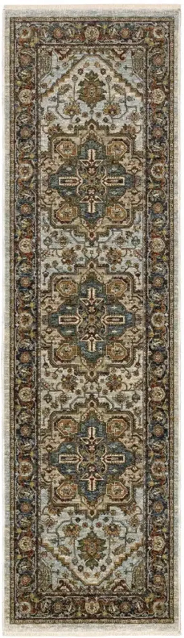 2' x 8' Oriental Power Loom Stain Resistant Runner Rug With Fringe - Ivory Beige Blue Orange Gold Green Gray And Rust