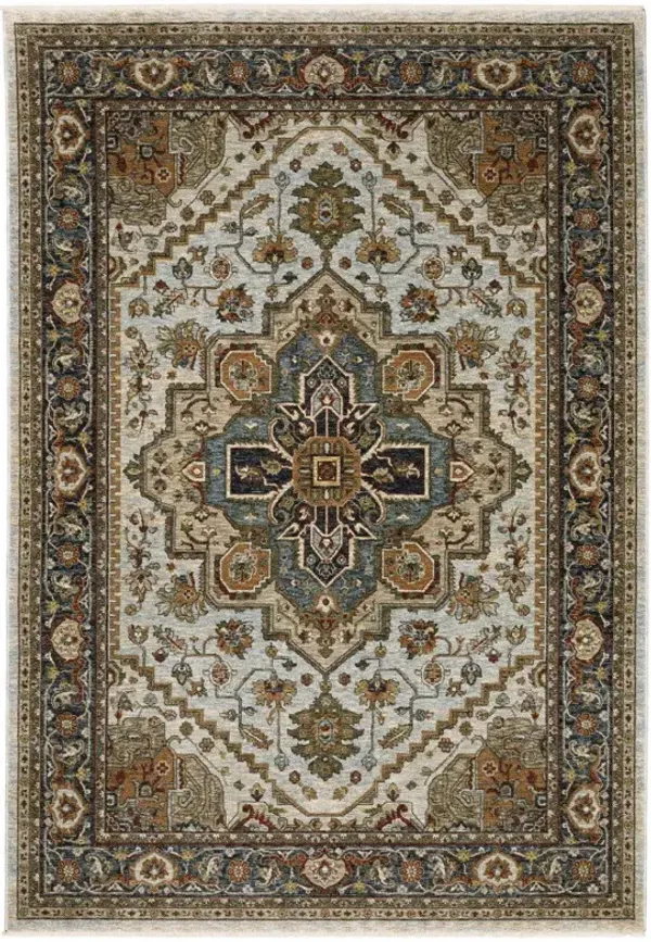 5' x 8' Oriental Power Loom Stain Resistant Area Rug With Fringe - Ivory Beige Blue Orange Gold Green Gray And Rust