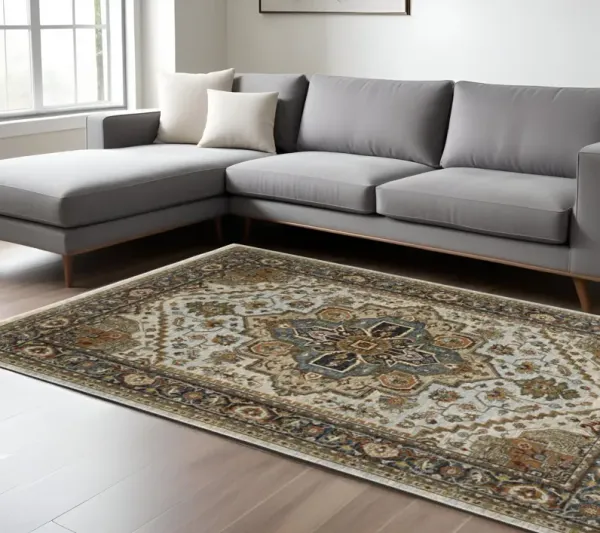 8' x 11' Oriental Power Loom Area Rug With Fringe - Beige And Ivory