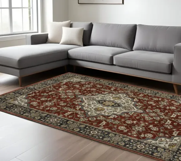 7' x 10' Oriental Power Loom Area Rug With Fringe - Red And Ivory