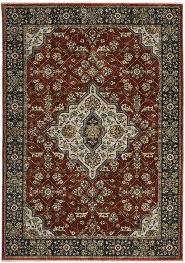 5' x 8' Oriental Power Loom Stain Resistant Area Rug With Fringe - Red Ivory Blue Navy Gold And Gray