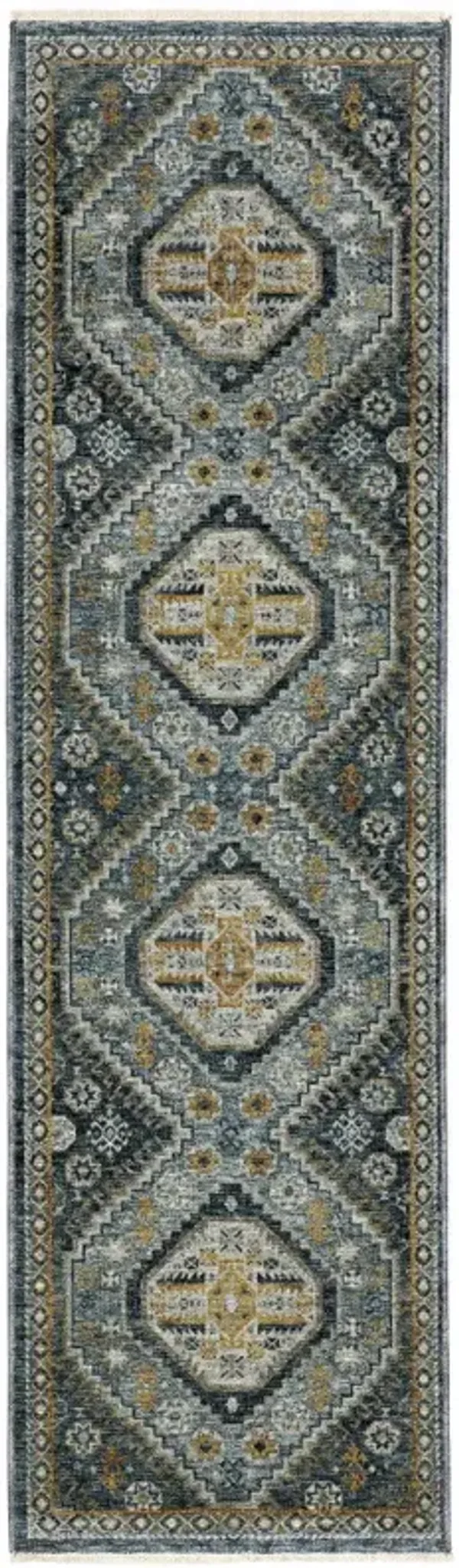 2' x 8' Oriental Power Loom Stain Resistant Runner Rug With Fringe - Blue Gold Ivory And Navy