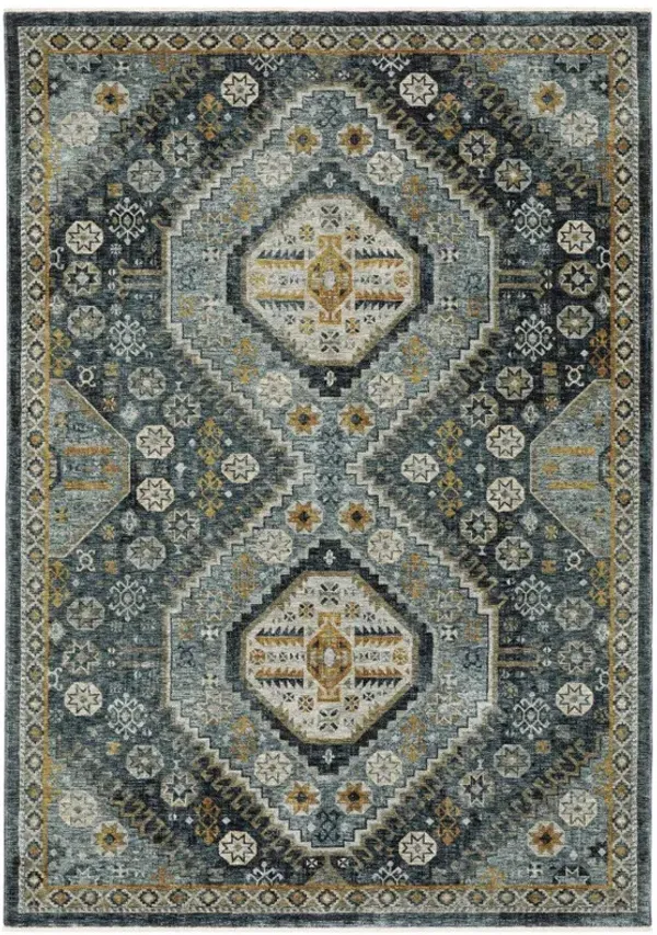 10' x 13' Oriental Power Loom Stain Resistant Area Rug With Fringe - Blue Gold Ivory And Navy