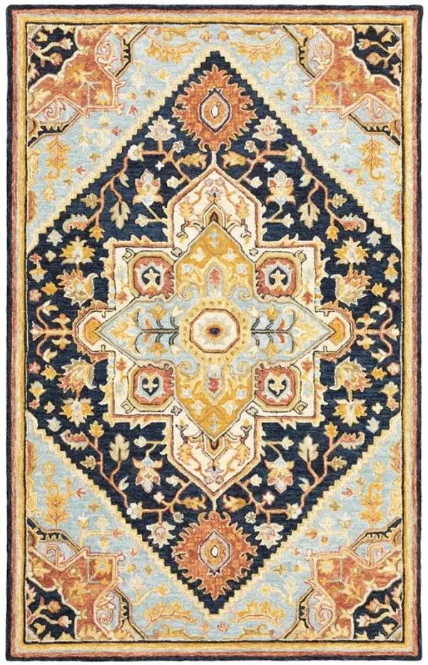 4' x 6' Oriental Tufted Handmade Stain Resistant Area Rug - Navy Rust Blue Ivory And Gold