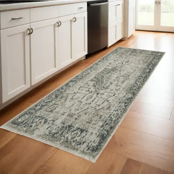 8' Runner Oriental Power Loom Runner Rug - Blue And Gray